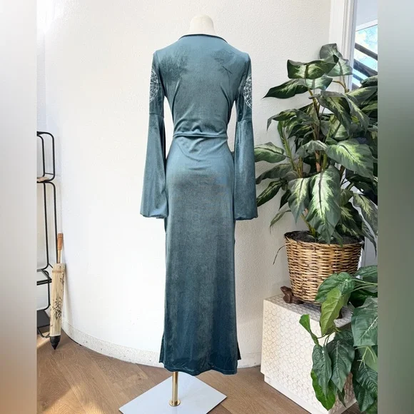 Willow Buffy Inspired Teal Velvet Maxi Dress Zodiac Celestial Design S/M - Picture 5 of 6